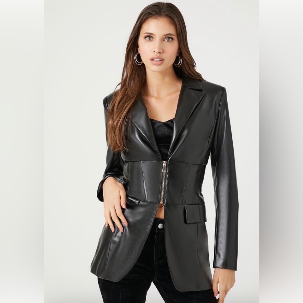 Faux leather zip up blazer